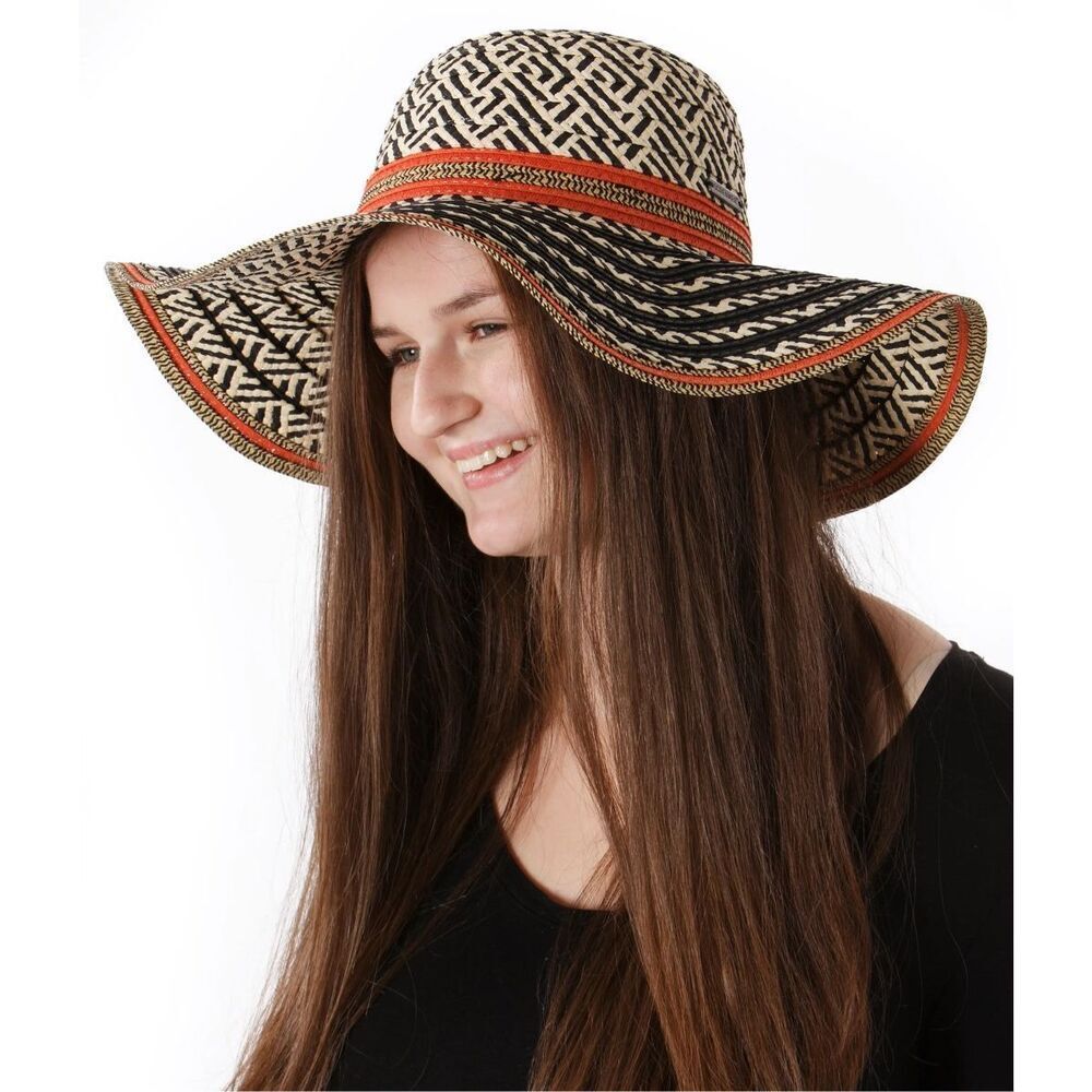 Screamer Halekulani Floppy Sun Hat Tan, Black and Orange Woven Straw Resortwear